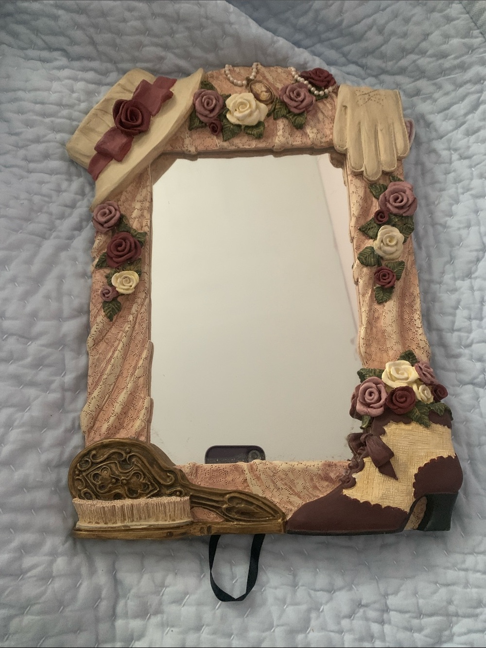 Pink Floral Accent Mirror with Vintage Hat & Glove Detail